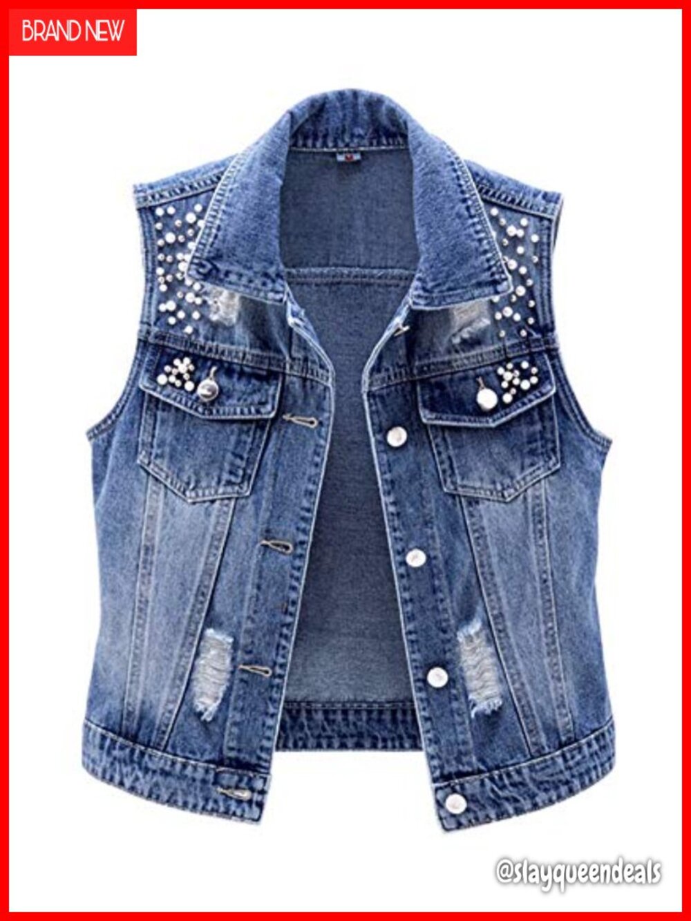 Sleeveless Distressed Denim Vest Button Down Collar Cotton Polyester
